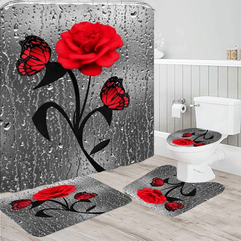 Juego de alfombrillas antideslizantes para baño, juego de cortina de ducha resistente al agua, alfombra de Pedestal, tapa de inodoro, alfombras, rosa y mariposa roja