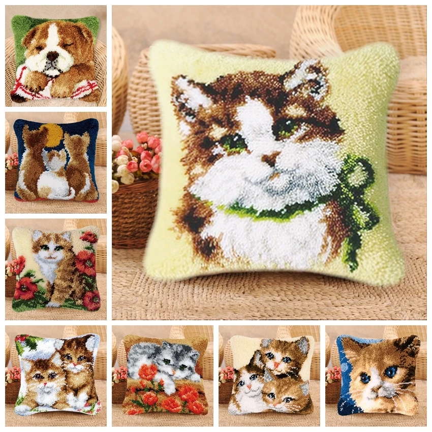 DIY Button Package Pillow Cat and Dog Latch Hook Pillow Knooppakket Smyrna Klink Haak Kleed Bloemen Cross Stitch Pillows Cushion