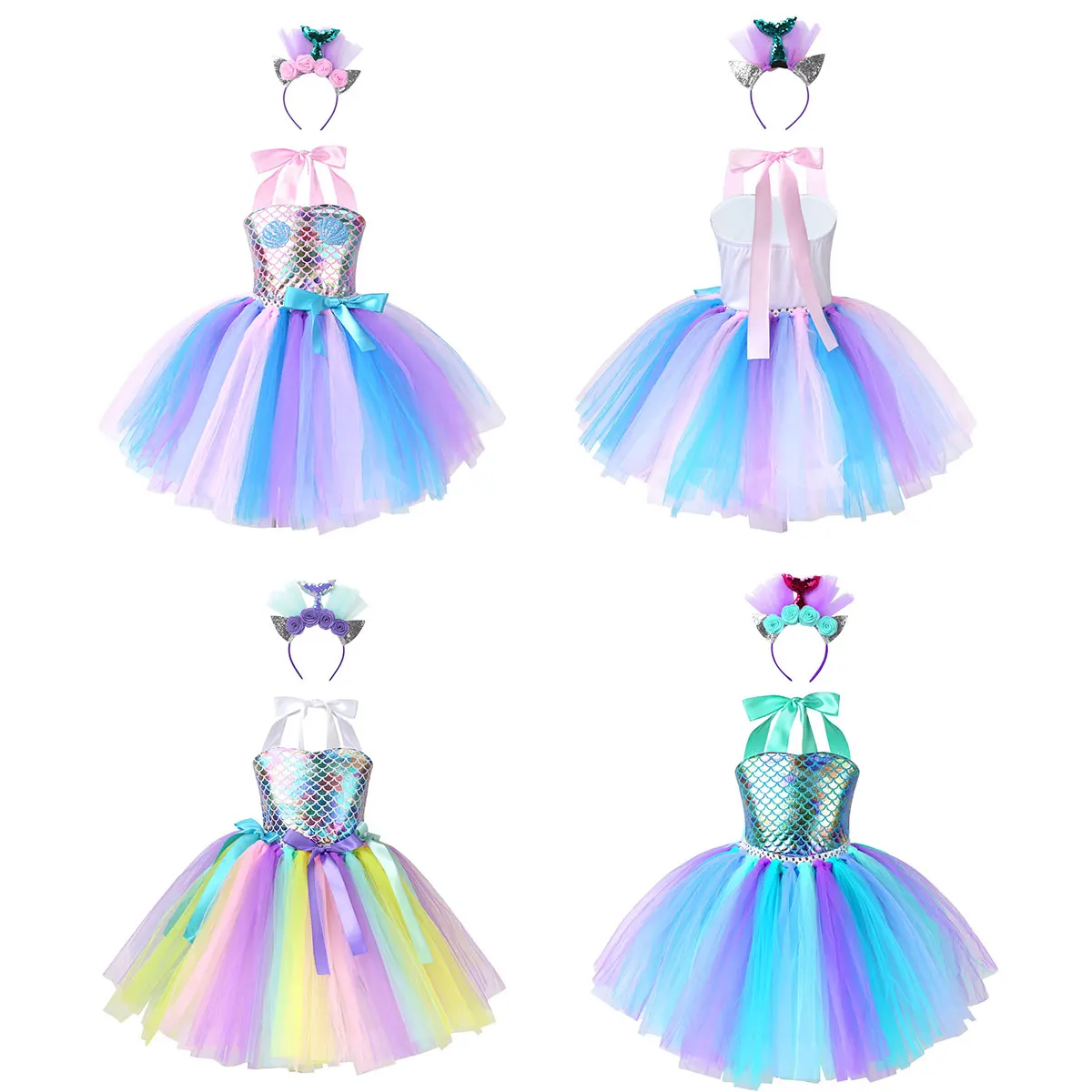 Kids Girls Halloween Cosplay Costume Toddlers Mermaid Princess Tutu Dress Prom Carnival Theme Party Dress Up Roleplay Clothes