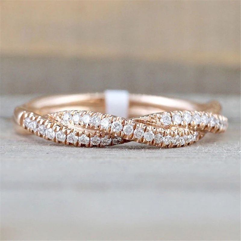 Fashion Rose-Gold-Color Ring Twist Vintage Cubic Zircon Wedding Engagement Ring for Woman Girls Gift