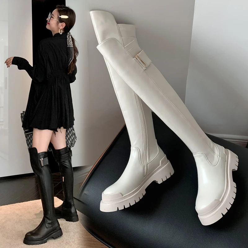 

2021 Winter Over The Knee Elastic Boots Women Genuine Leather Suede Black Flat Platform Motorcycle Boots Shoes Woman Botas Mujer