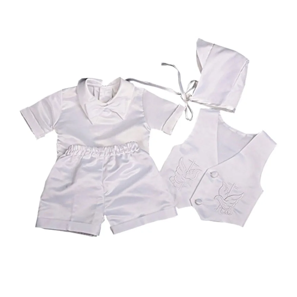 Baby Boys White Cartoon Dove Baptism Suits Baby Boy Short Sleeve Bow Tie Tops+Shorts+Vest+Hat Boys Christening Clothes Costume