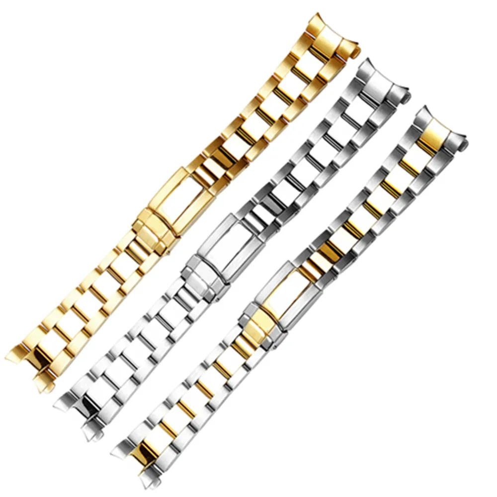 17 20mm 316L Stainless Steel Two Tone Gold Silver Watch Band Strap Old Style Oyster Bracelet Hollow Curved End Watch band