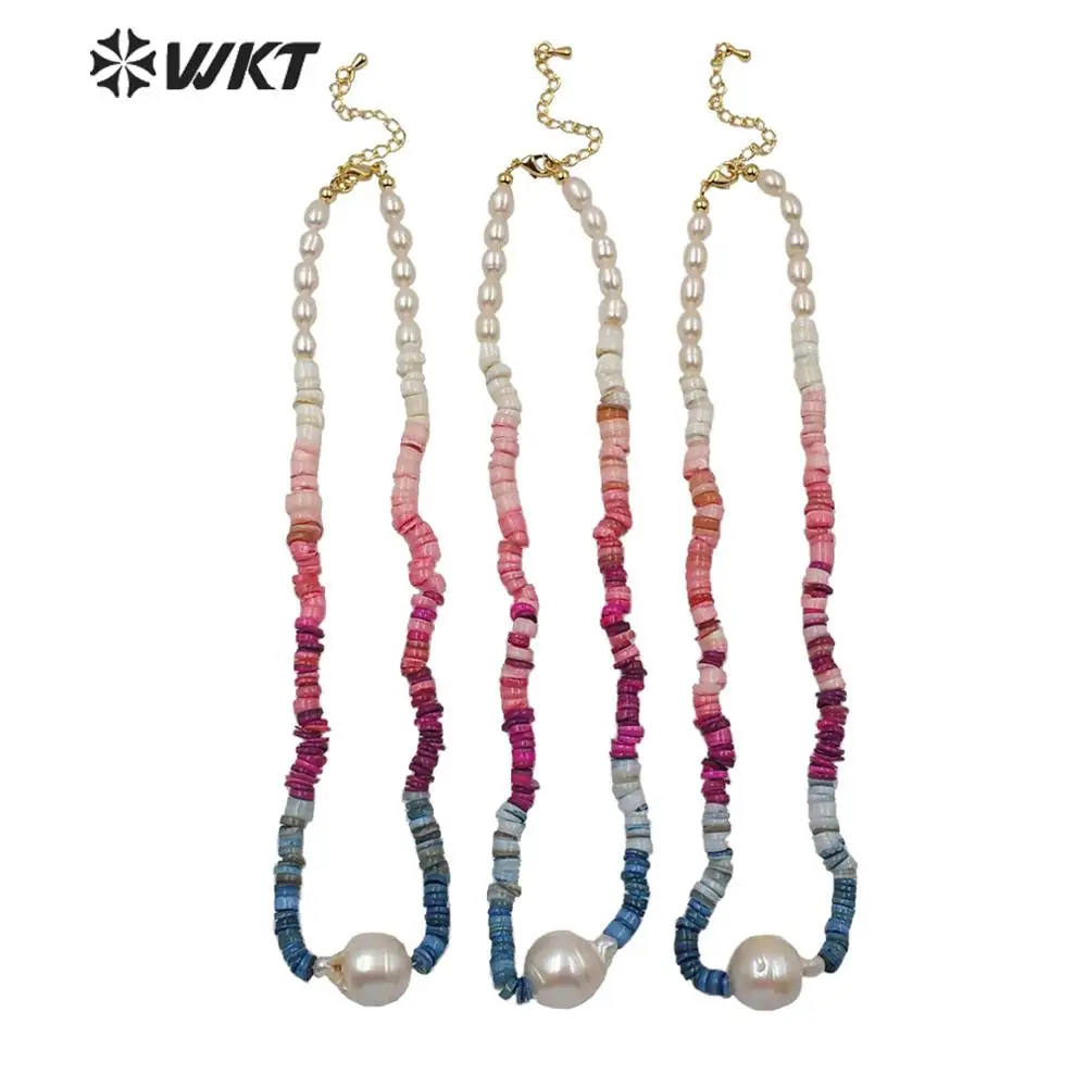 WT-JN114 Wholesale Lovely Colorful Blue&Pink Beads And Baroque Natural Big Pearl Pendant Necklace Woman Fashion Jewelry Gift