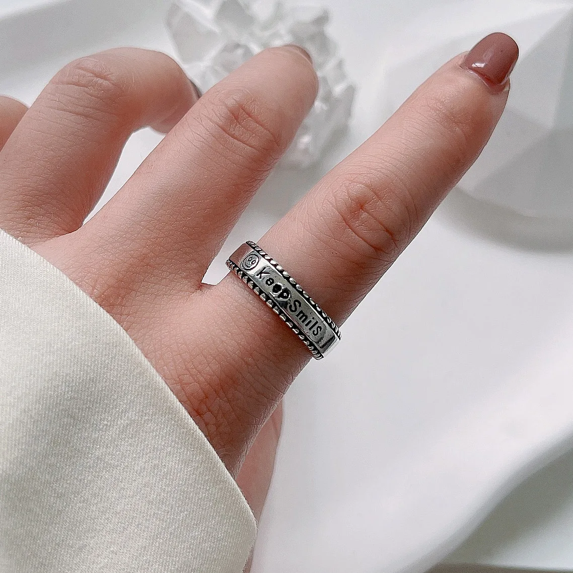 Silver Color Rings For Women Face Chain Smile Letter Geometic Couple Engagement Jewelry New Trendy Party Accessories Gift