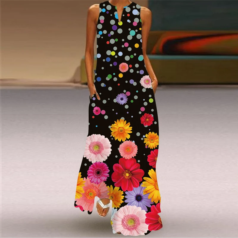 

2022 Fashion Women Sleeveless Long Dress Floral Print V Neck Dress Summer Holiday Beach Casual Elegant Vintage Dresses Party