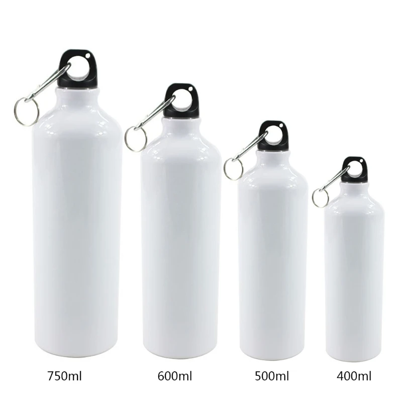 400/500/600/750ml White Blank Sublimation Water Bottle with Screw Cap Carabiner Hook Aluminum Outdoor Sports Leakproof Kettle