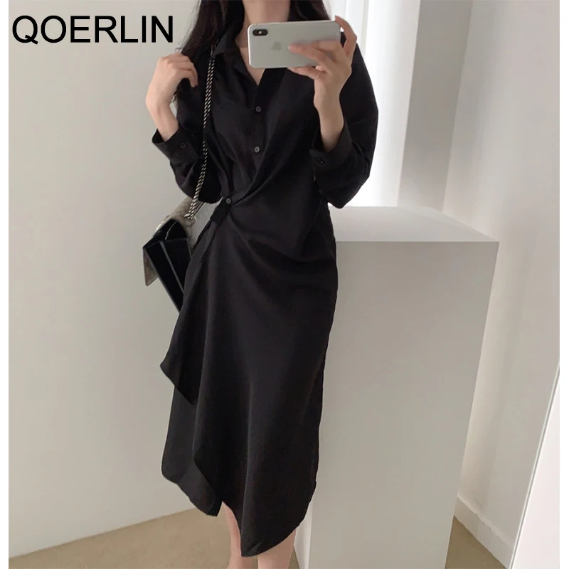 QOERLIN Design Black Blue Long Shirt Dress Women Fashion High Waist Temperament Dress Turn-Down Collar Irregular Button Dresses