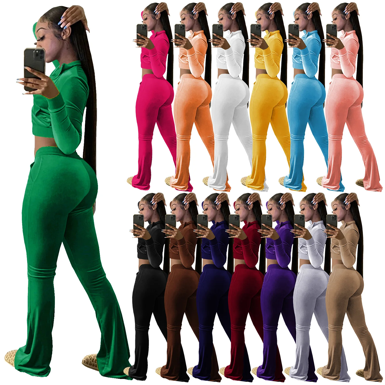 2021 Hot Sale Women Outdoor Casual Sports Solid Velvet Two Piece Set CropTop and Pants Tracksuit Sweatsuit Outfits