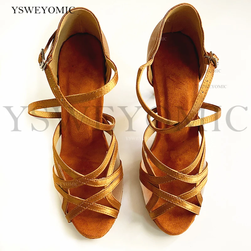 New Women Latin Dance Shoes For Ladies Girls Soft Ballroom Tango Latin Satin Brown Dancing Shoes With Customized Cuban Heel 9cm