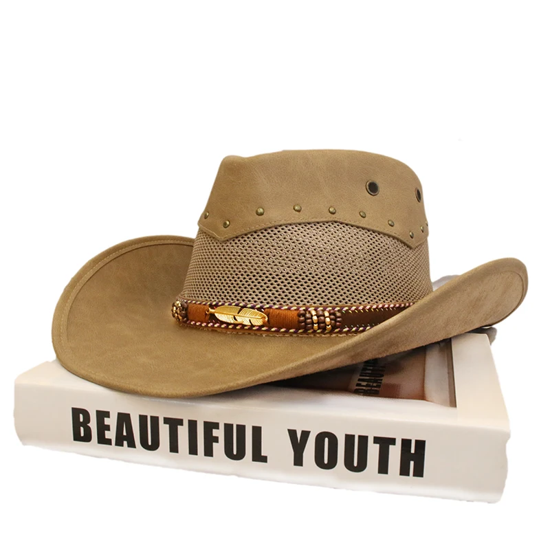 Unisex Women Men Retro Leaf PU Leather Roll Up Wide Brim Sombrero Gentleman Sun Cap Beach Cowboy Cowgirl Western Hat (58cm)