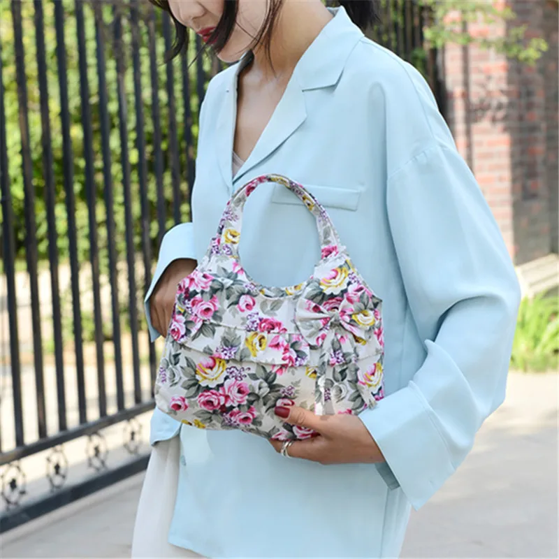 Retro Women Canvas Handbag Bow Shoulder Bag Female Flower Printed Fashion Small Canvas Bag Mobile Phone Bag Coin Purse Mini Bag