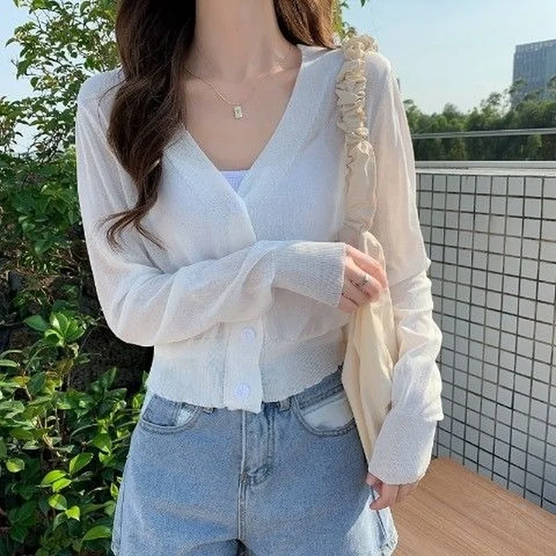 Cardigan Women Thin Summer Casual Solid Feminino Sun-proof Ulzzang All-match Knitted V-neck Sweet Style Candy Color Basic Daily