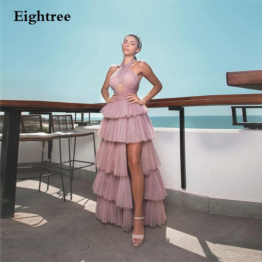 

Eightree Dusty Pink Halter A Line Evening Dresses Sleeveless Tulle Tiered Night Formal Dress Party Ball Gowns Vestidos de festa