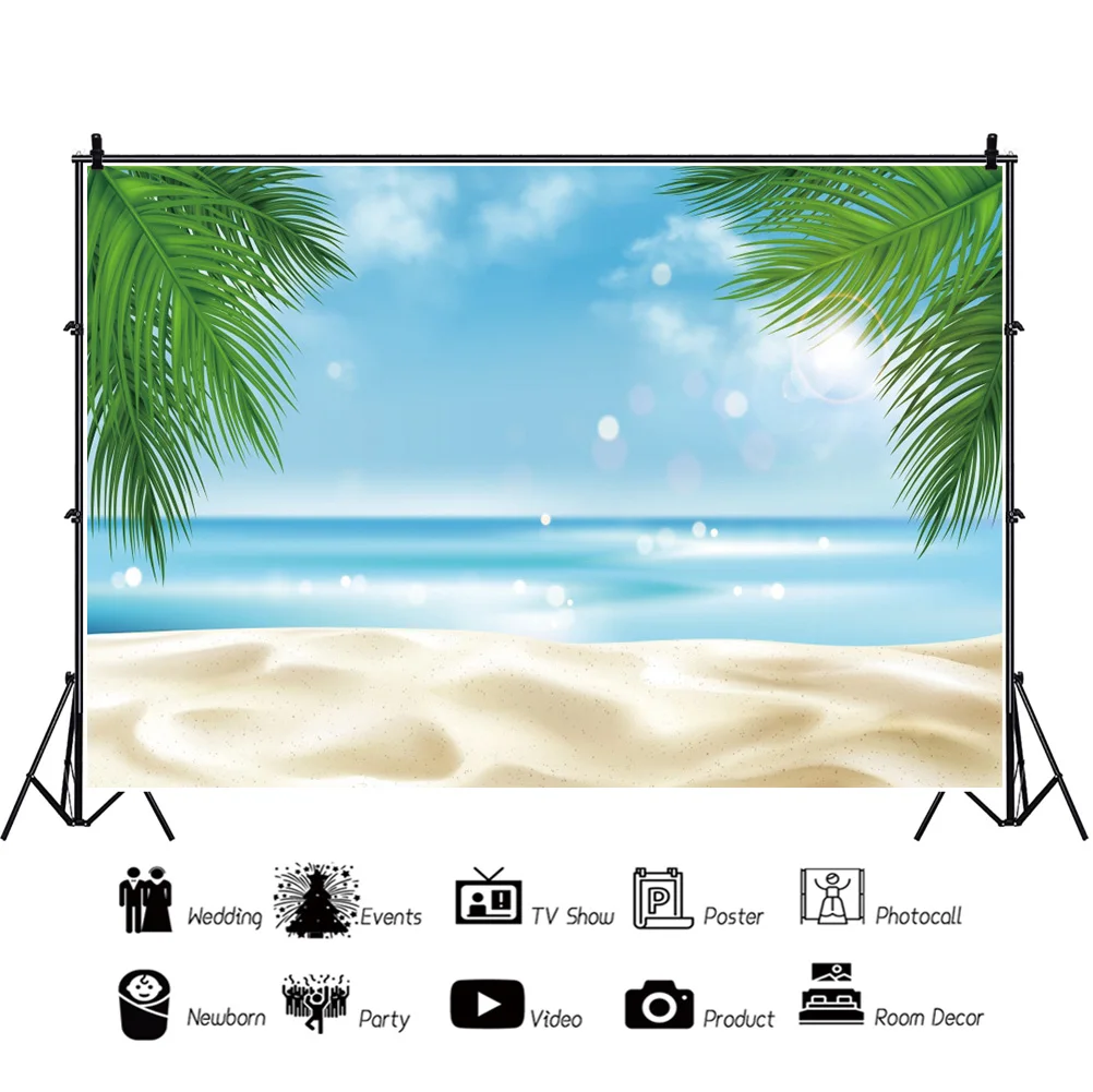 Laeacco الصيف الاستوائية شجرة جوز الهند شاطئ السماء الزرقاء والبحر ضوء خوخه ملصق خلفية التصوير الخلفيات للتصوير الفوتوغرافي