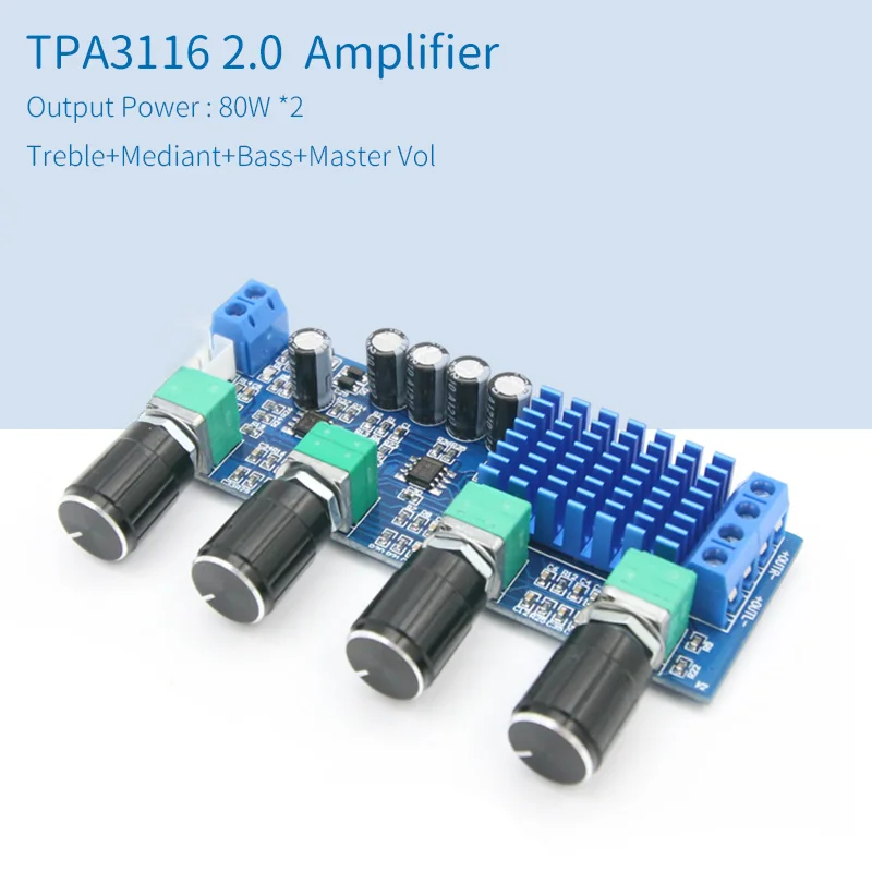 UNISIAN TPA3116 2.0 Channel Audio Amplifier 80W+80W High Power Digital  Amplifier Board With Treble Mediant Bass Vol tone board