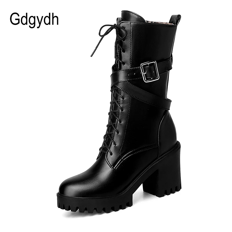 Gdgydh Women Mid-calf Boots Round Toe Thick High Heel Platform Shoes Soft Leather Punk Female Motorcycle Boots Plus Size 34-43