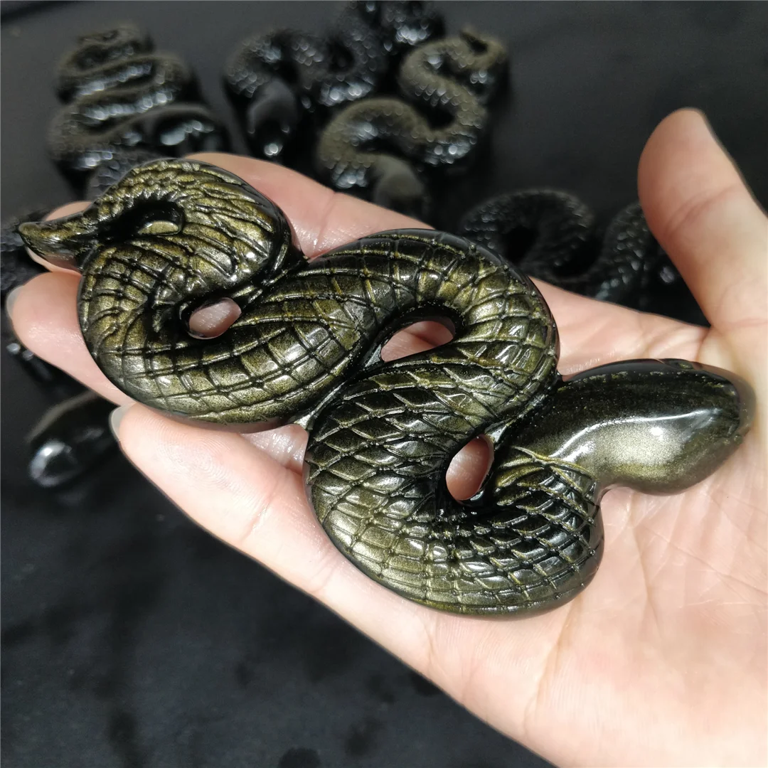 Natural Gold Obsidian Quartz Crafts Boa Constrictor Carvings Coil Snake Animal Figurine Statue Folk Craft Wicca Decor Ornament