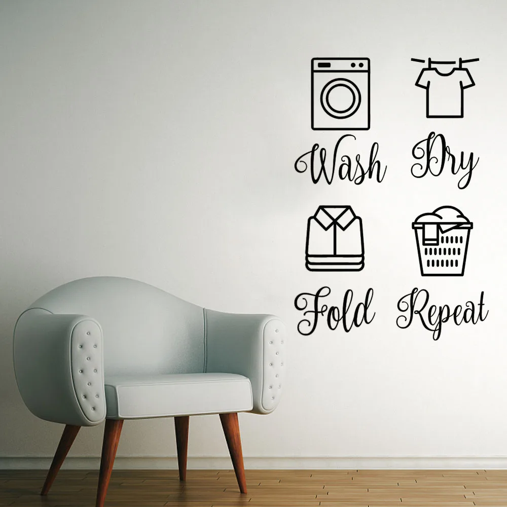 Laundry Room Washing Machine Clothes Laundry Basket Wall Decals Set Vinyl Wall Quote Stickers Dry Cleaning Folding Repeat Decals