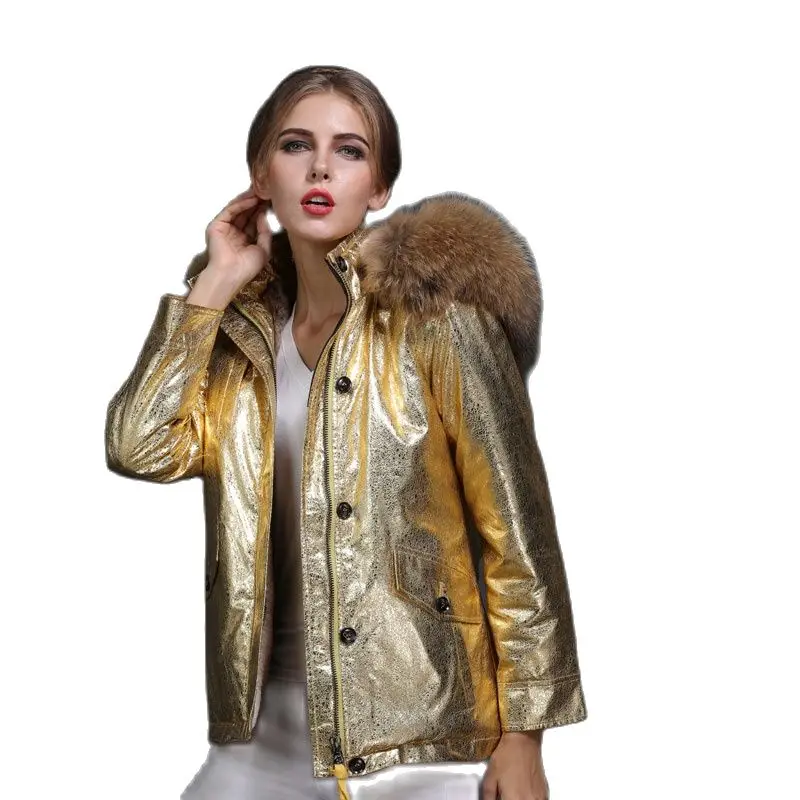 Golden Leather Short Fur Parka Natural Raccoon Fur Hoodies Mr or Ms Winter Down Fur Coat Wear