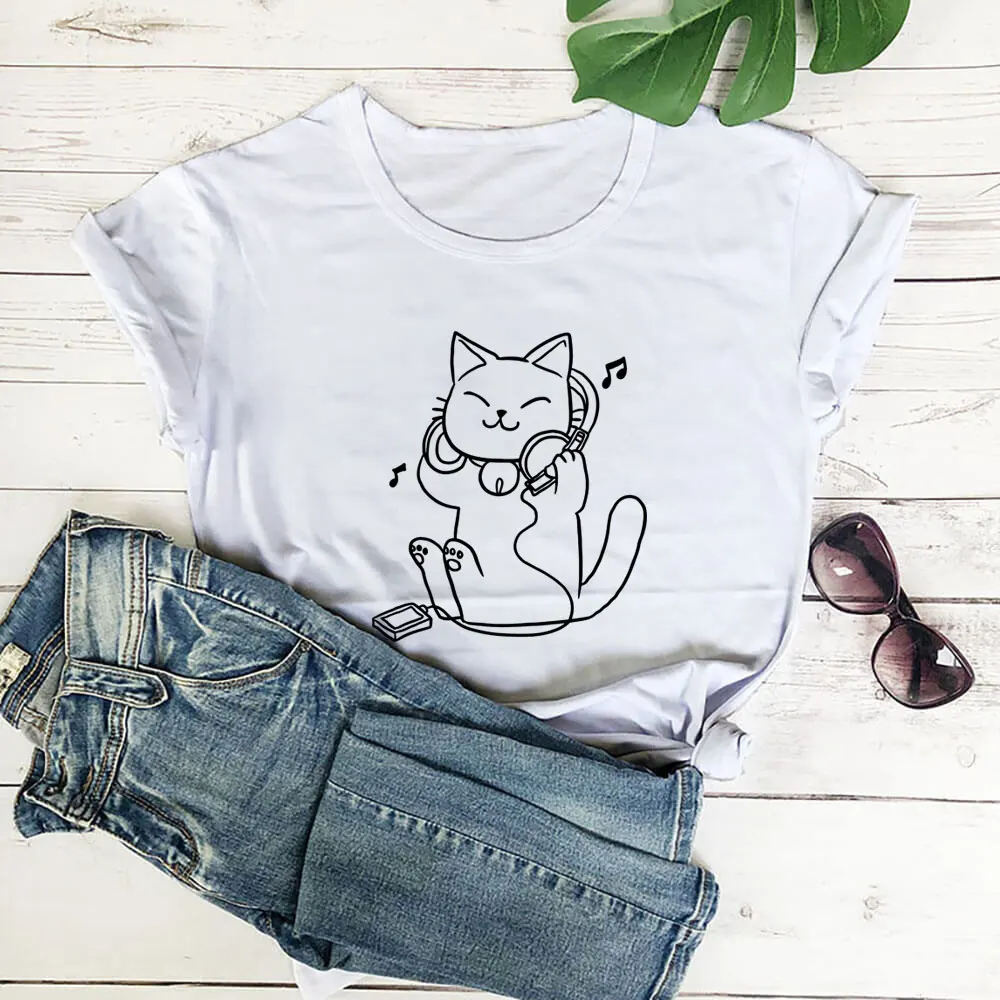 

Listening Cat New Arrival 100%Cotton Women T Shirt Unisex Funny Summer Casual Short Sleeve Top Cat Mom Shirt Pet Lover Gift