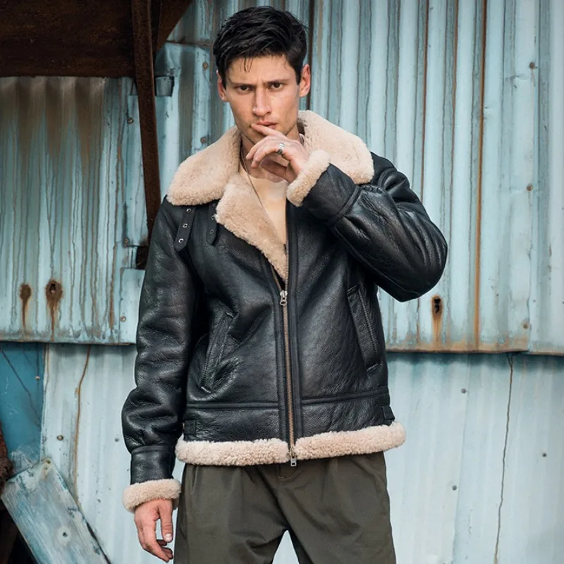 Winter Mens Real Fur Classic Brown Black Bomber Jacket Shearling Sheepskin Coat Men Genuine Leather Biker Jackets Large Size 6XL