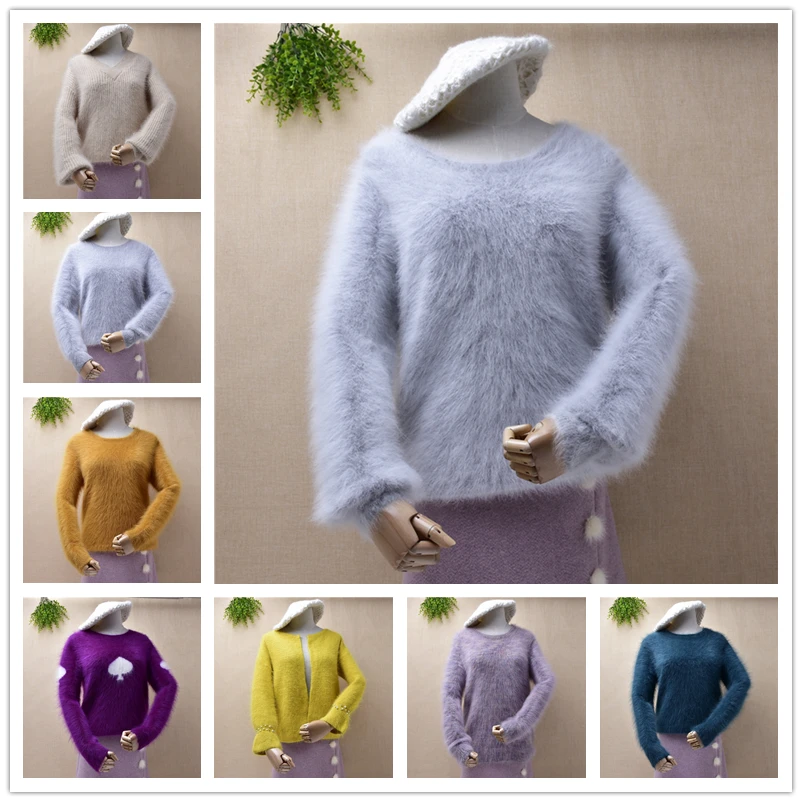 ladies women fashion hairy o-neck mink cashmere knitted long sleeves slim pullover angora rabbit fur winter jumper sweater tops