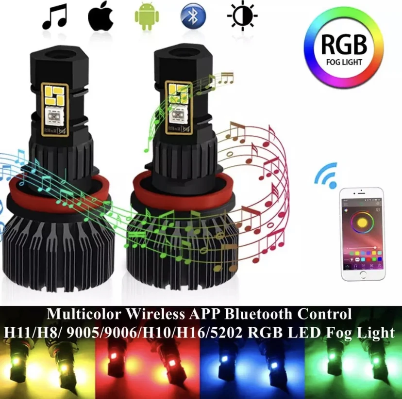 2PCS H11/H8/ 9005/9006/H10/H16/5202 RGB LED Nebel Glühbirne multicolor Drahtlose APP Bluetooth Steuer 1800 Lumen DRL Nebel Fahren