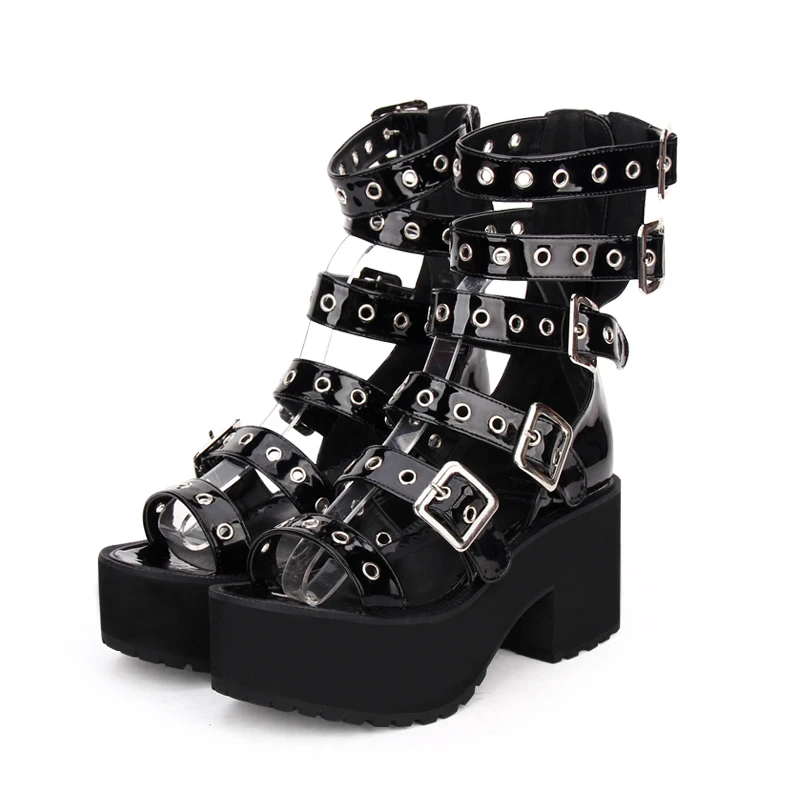 Women\'s Thick Bottom Muffin Platform High Heel Shoes Summer Buckle Straps Chunky Heels Punk Gladiator Sandal Boots Lolita Shoes