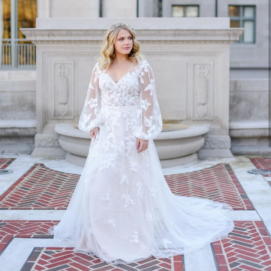 Vestidos de casamento boêmios A-Line, manga de lanterna inchada, apliques de renda, trem de botão, vestido de noiva, 2021