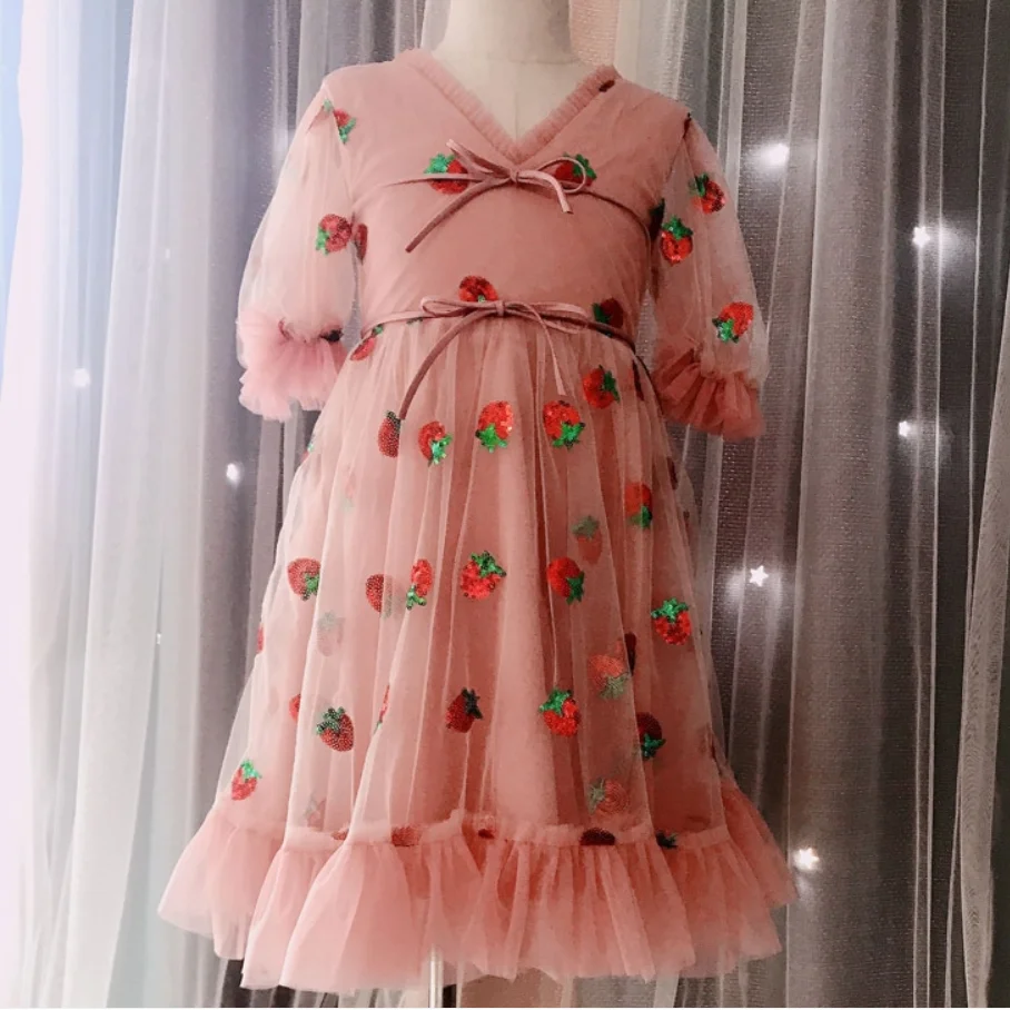 

baby Girls Birthday Party Kids Strawberry sequined Printed Summer v-neck puff sleeve mesh ball gown long dress