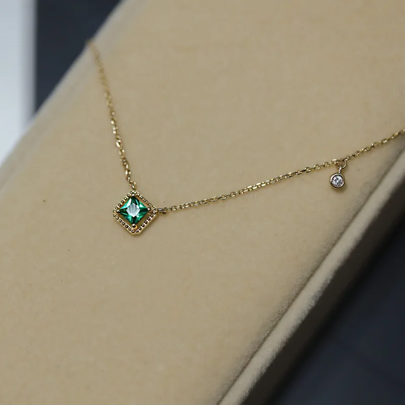 WOOZU 925 Sterling Silver Square Green Zircon Clavicle Charm Pendant Necklace for Women Wedding 14k Gold Plated Jewelry Gift