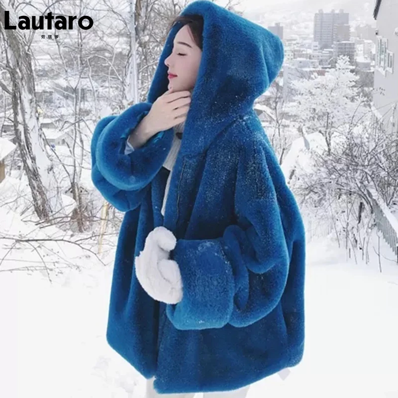 Lautaro-Oversized Warm Faux Fur Coat for Women, Long Sleeve with Hood, Soft Fluffy Jacket, Loose Korean Fashion, Blue, Winter