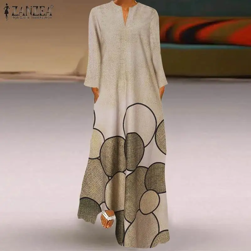 2023 ZANZEA Autumn Fashion Maxi Dress Women V Neck Long Sleeve Floral Printed Sundress Robe Femme Vintage Kaftan Vestidos Baggy