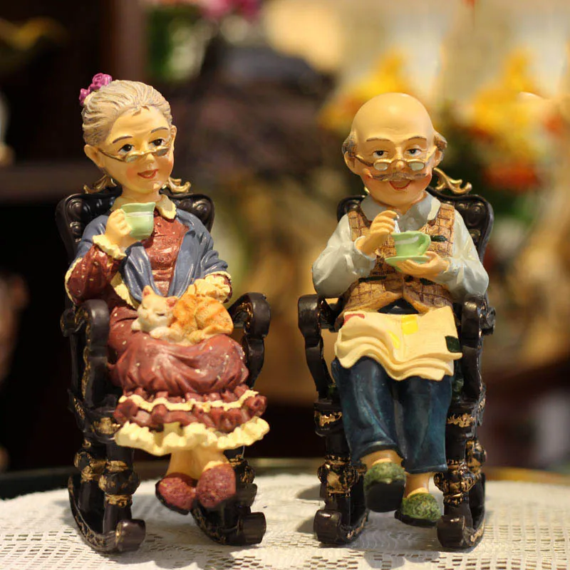 American Rocking Chair Drinking Tea Grandparents Resin Decoration Wedding Anniversary Gifts Home Bookcase Table Figurines Crafts