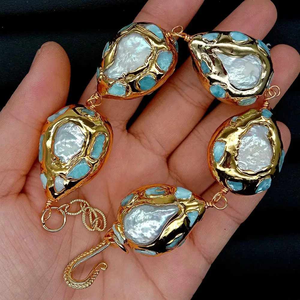 KKGEM Natural  22x28mm Blue larimar Chips Teardrop White Coin Freshwater Pearl Pave Gold Color Plated  Wrap Bracelet  9\