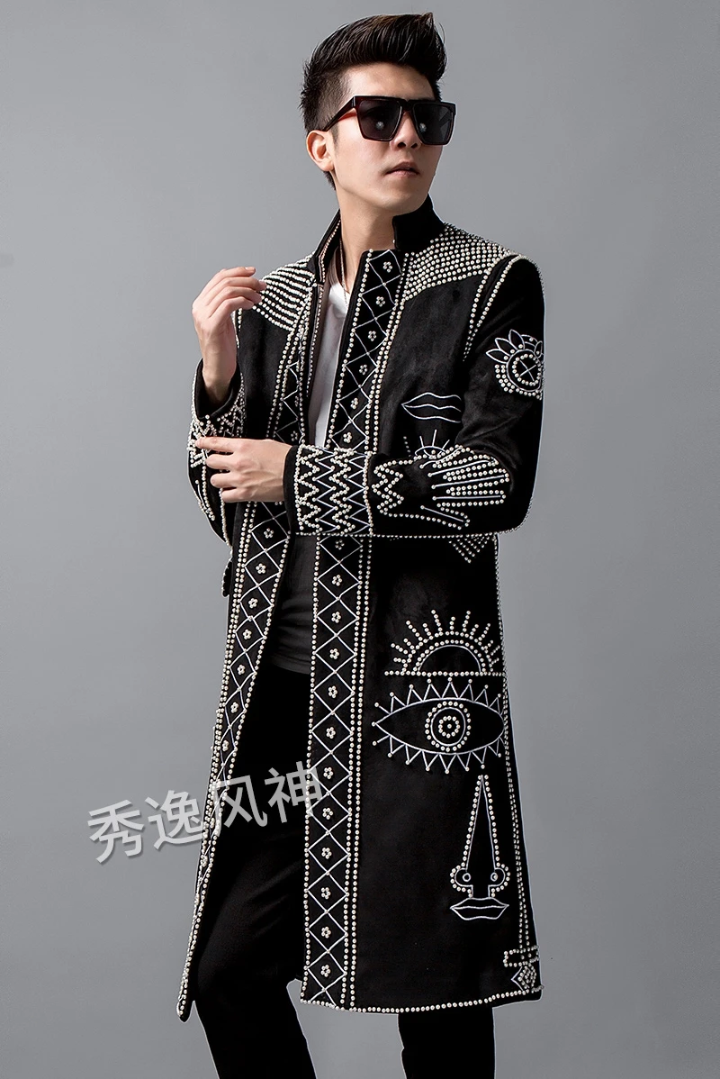 Autumn New Blazer Men Clothing Pearl Rivet Beaded Long Suit Trench Coat Embroidery Fashion Jacket Male Singer Stage Windbreaker