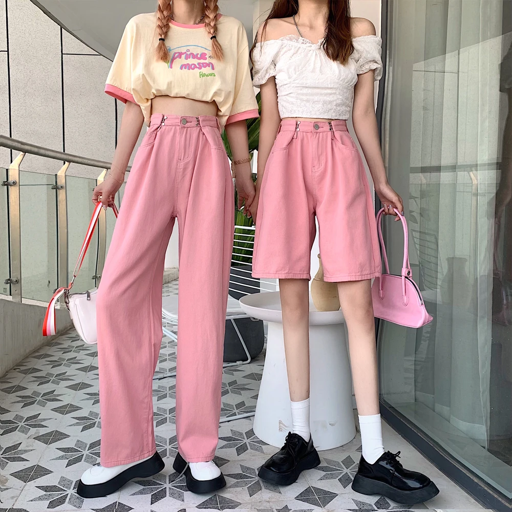 

Women's Pants Straight Leg Jeans Women Vintage High Waist Slim Loose Summer Autumn Pants Casual Washed Mom Fashion Trousers Pink