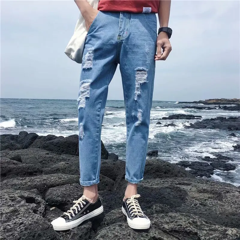 

New Arrival 2020 Spring Autumn Casual Hip Hop Harem Clothes For Teenagers Blue Knee Cut Hole Distressed Jeans Pencil Pants Men