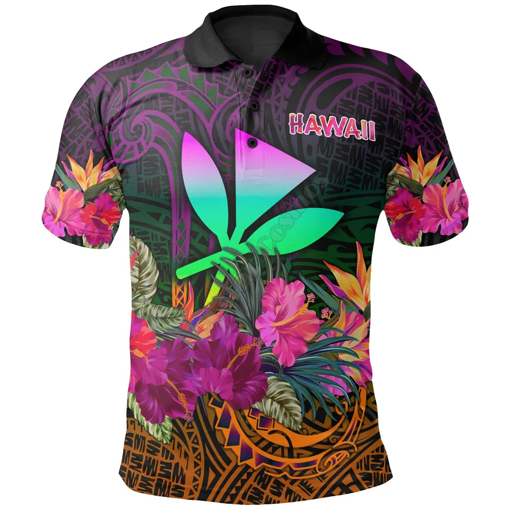 Polynesian Hawaii Kanaka Maoli Polo Summer Hibiscus 3D Printed Polo Shirt Men Women Short Sleeve Summer T-shirt