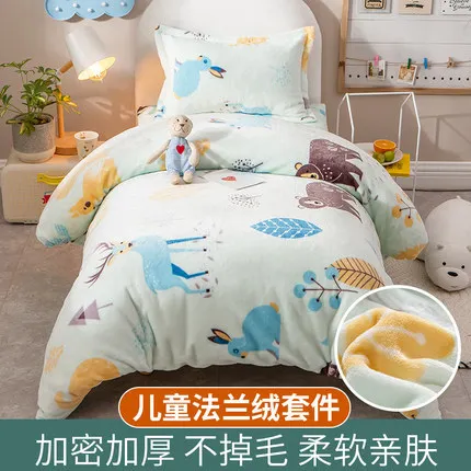 3Pcs Flannel Crib Bed Linen Kit Cartoon Baby Bedding Set Includes Pillowcase Bed Sheet Duvet Cover Without Filler