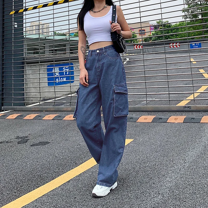 FAVRE Pocket Patchwork Fashion Streetwear Jeans Women High Waisted Korean Straight Denim Pants 100% Cotton Loose Trousers Blue