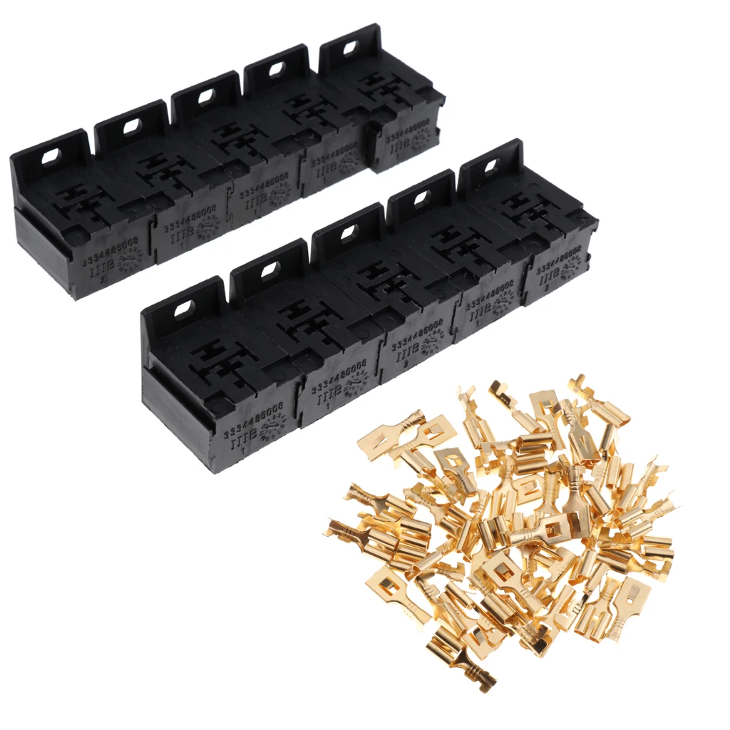 10pcs Car Automotive 5 Pin Relay Socket Holders + 6.3mm Copper Terminals 5 Pin Relay Connector Socket