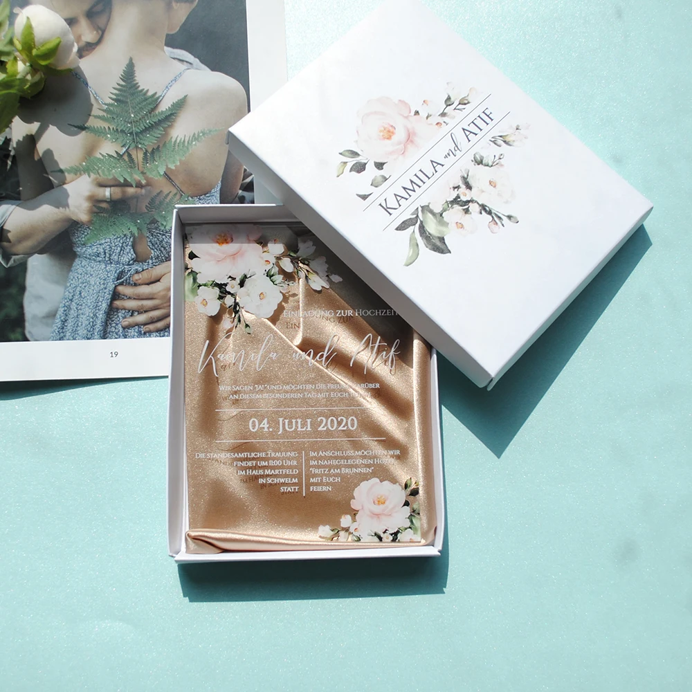 10pcs Clear Acrylic Invite With Printed Box Custom Flower Wedding Invitation Card(Satin Need Extra Cost)