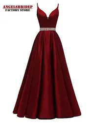 Angelsbridep V-Neck Long Evening Dresses Sexy Spaghetti Straps Sash Beads Sequins Robe De Soiree Satin Vestidos De Fiesta