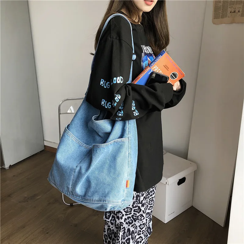 Lazy cowboy canvas bag women's shoulder bag Korean retro university leisure shopping bag large capacity purses and handbags