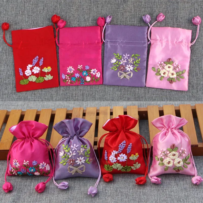 Handmade Ribbon Embroidery Small Gift Bags for Jewelry Packaging Bag Satin Cloth Party Favor Bags Empty Sachet Pouch 50pcs/lot