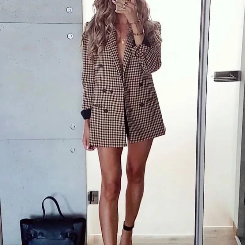 Woman Brown Houndstooth Plaid Female Blazer Autumn 2024 Retro Double-Breasted Office Lady Casual Suit Business Classic Coat Chic