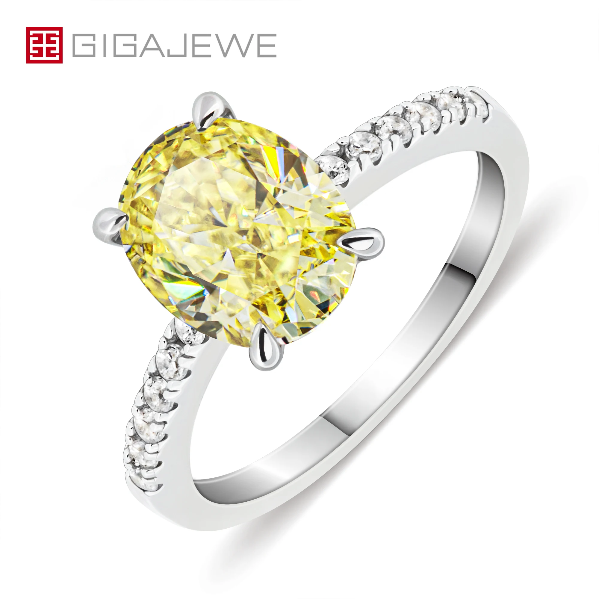 GIGAJEWE Customized Jewelry 2.0ct 7X9mm Vivid Yellow Color Crushed Ice Oval Cut Moissanite VVS1 18K White Gold Ring Women Gift