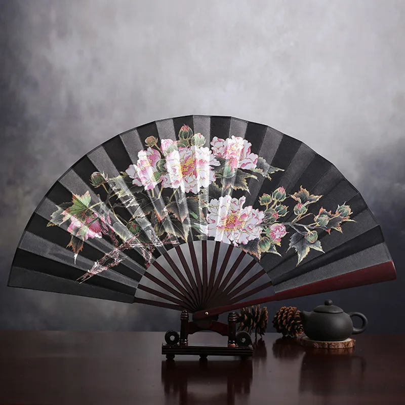 Handmade Chinese Silk Folding Fan with Bamboo Ribs.13-inch Vintage Style Hand Fan for Costume, Home Decor & Cultural Gift